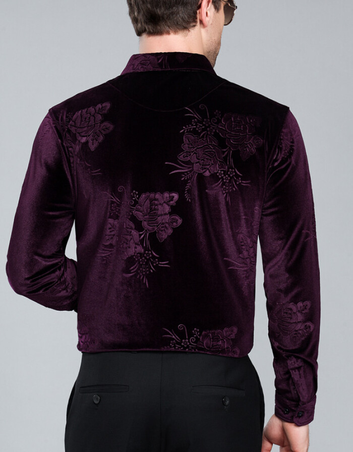 蓓嘉爾金絲絨長袖襯衫男2018新款春秋季中老年男士襯衣免燙印花商務(wù)休閑款 上青 2XL/180碼